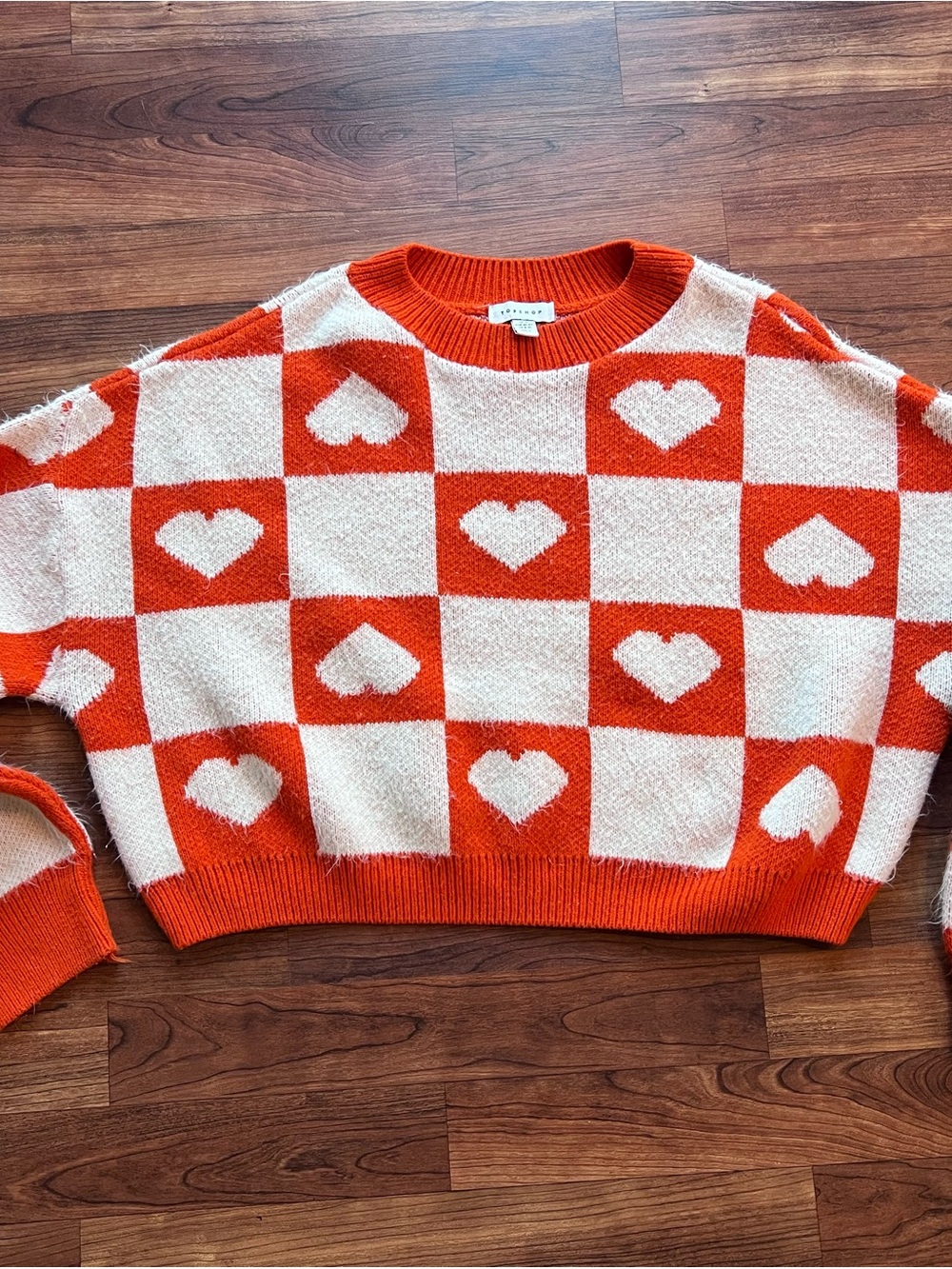 Topshop Heart Checkered Orange & Cream Cropped Sweater